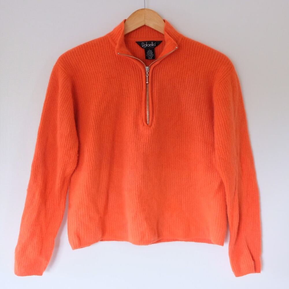 Vintage Rafaella Angora Lambswool Quarter Zip Sweater L Orange Soft Knit 90s